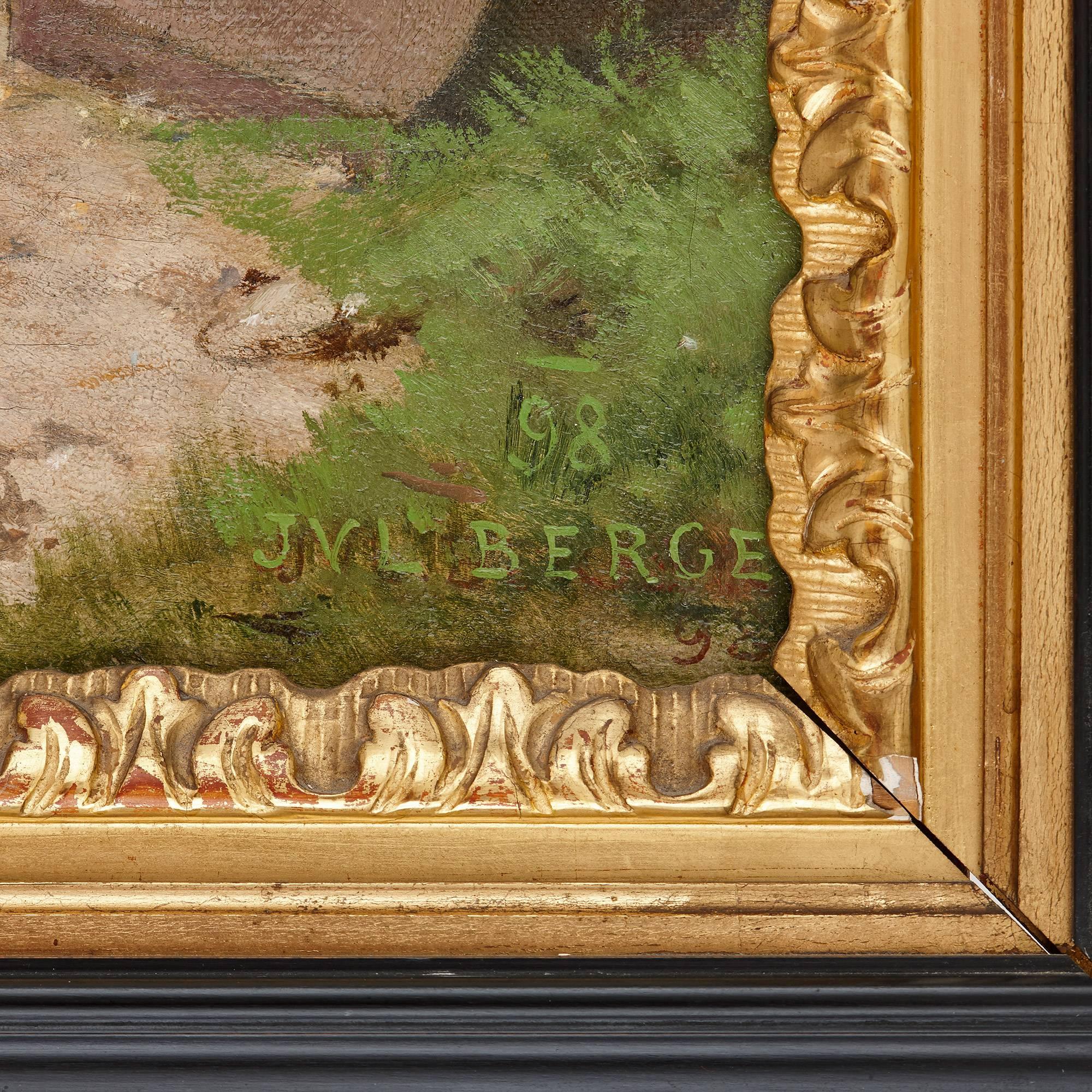 Présentée dans un cadre en bois doré et ébène:: cette belle peinture à l'huile ancienne du XIXe siècle est typique du style raffiné de Berger:: célèbre pour son approche romantique de la peinture de genre. 

L'œuvre représente une scène d'amour