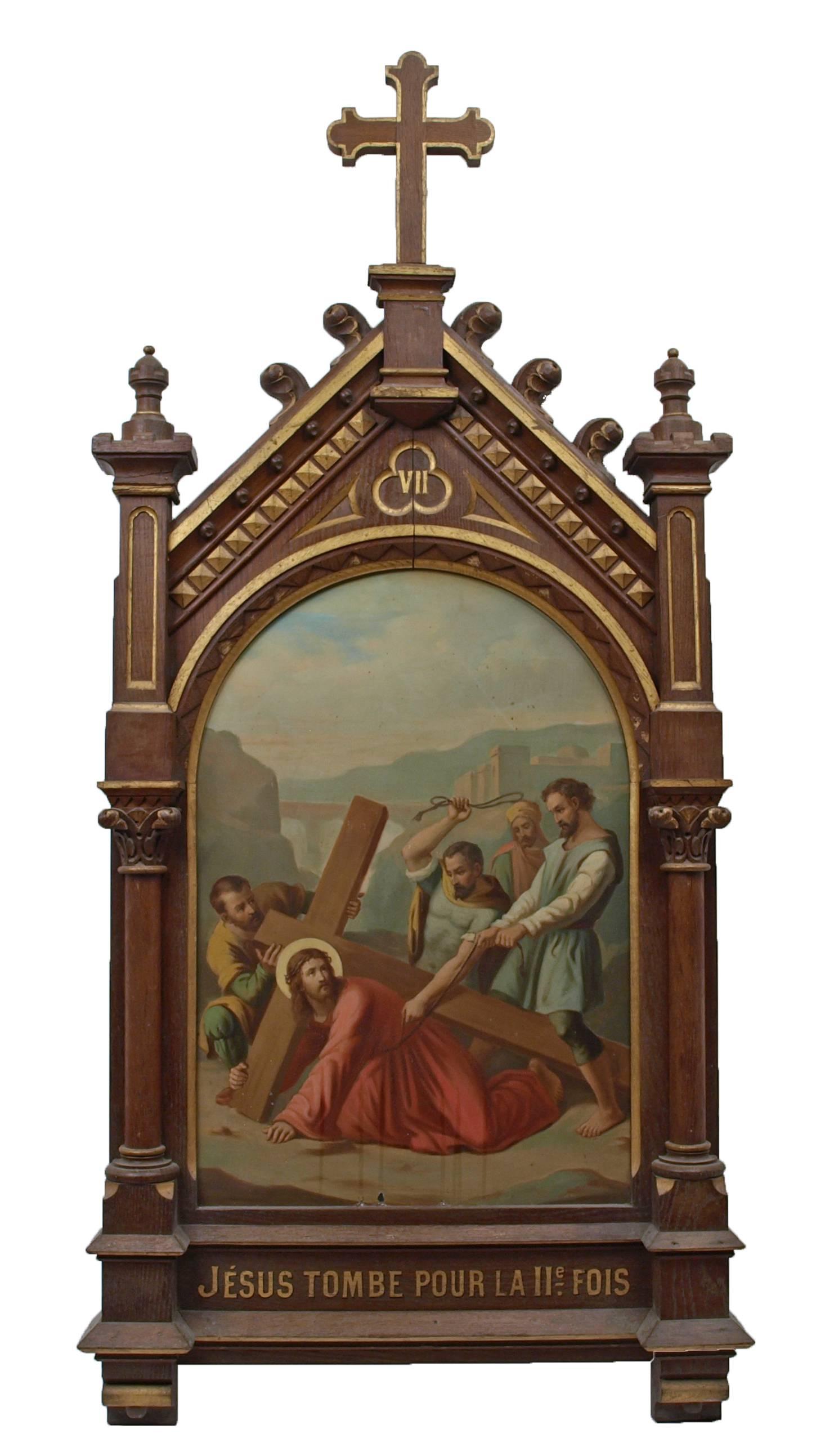 This exceptional set of fourteen oil on copper 19th Century paintings follow the chronological progression of Christ's final hours, as told in the Christian Biblical tradition. Set in elaborate wooden frames decorated with parcel gilt highlights and