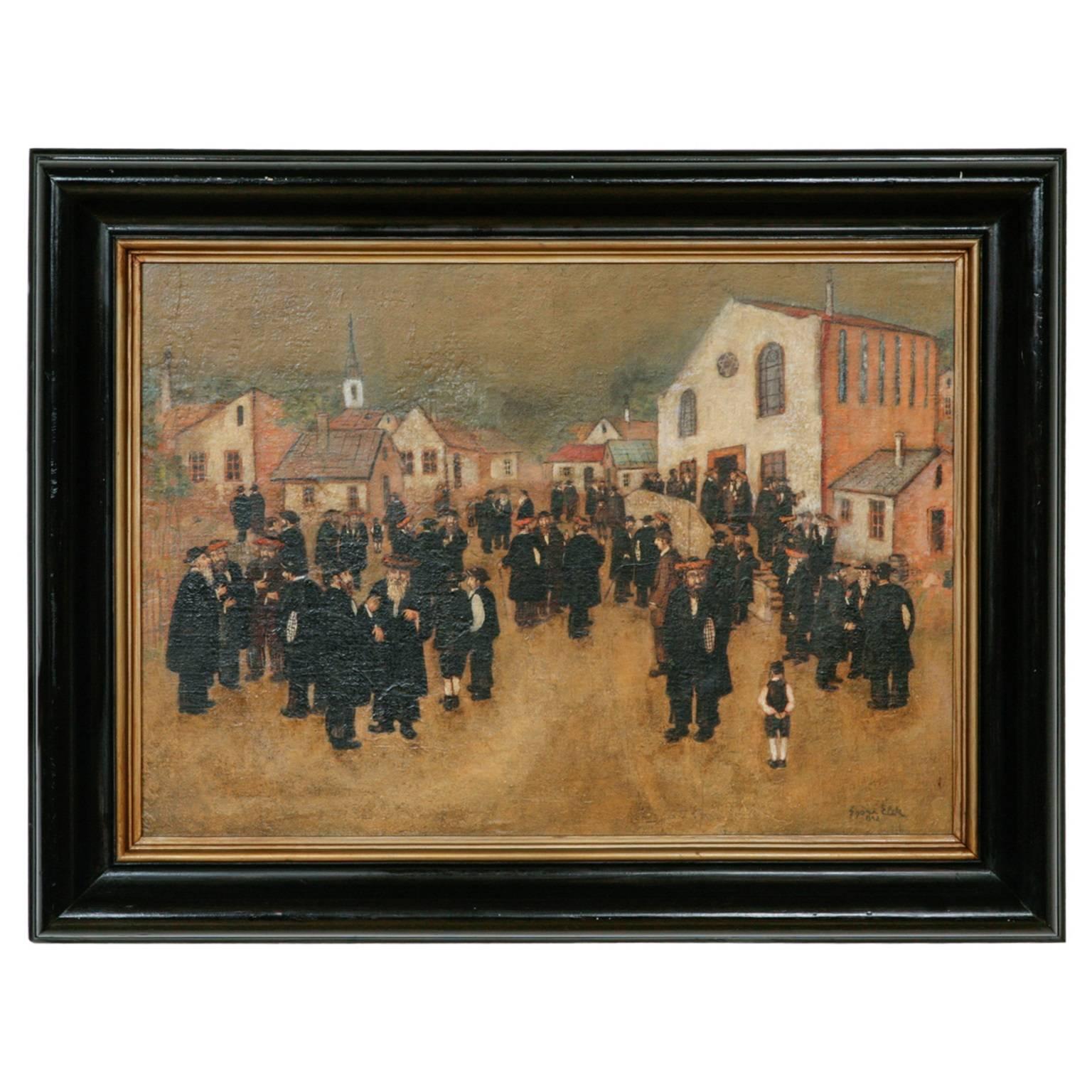 Elek Gyori Figurative Painting - 20th Century oil painting of the Jewish Chassidic community by the synagogue