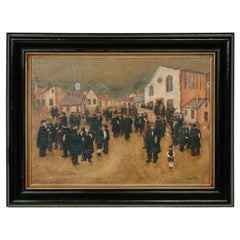 20th Century oil painting of the Jewish Chassidic community by the synagogue