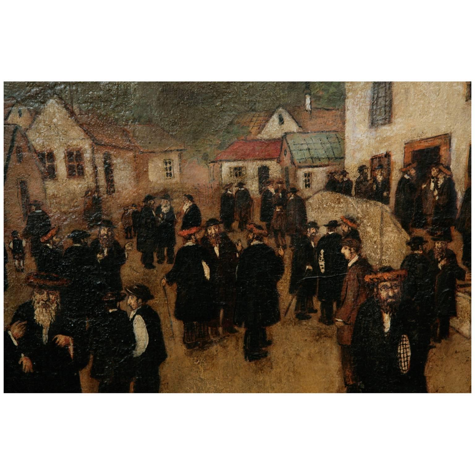 20th Century oil painting of the Jewish Chassidic community by the synagogue - Painting by Elek Gyori