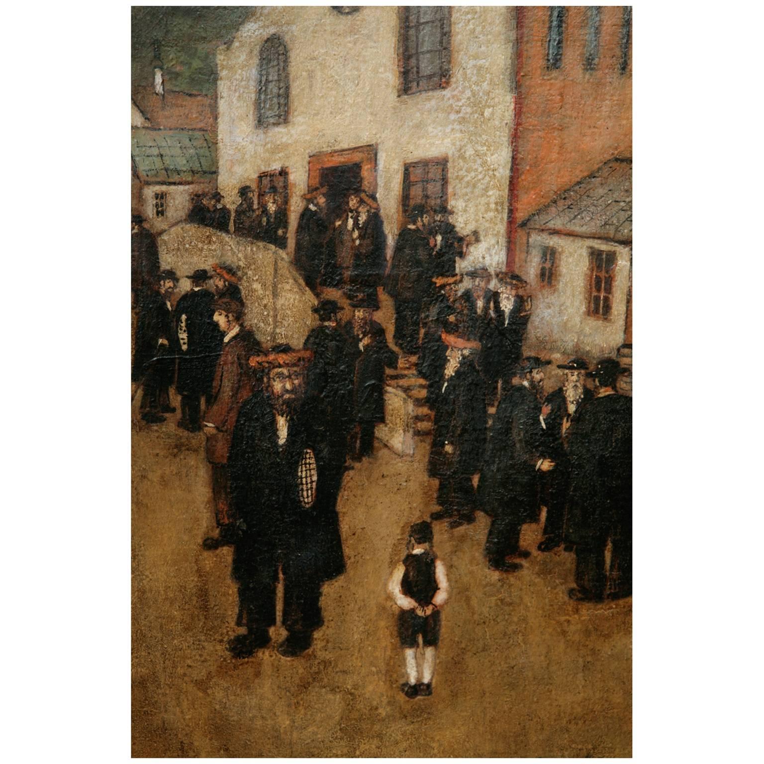 Dipinto a olio del XX secolo della comunità ebraica chassidica presso la sinagoga - Figurative Painting Marrone di Elek Gyori