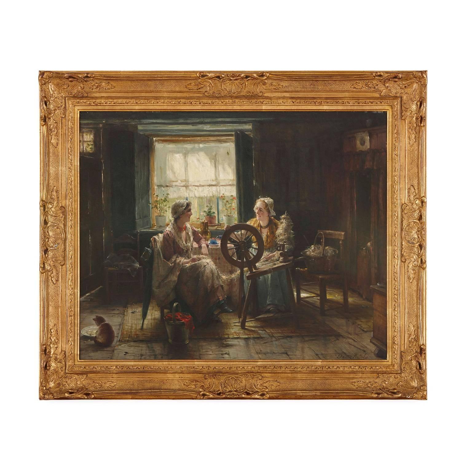 'Spinning the Wool', 19th Century Flemish oil painting of two ladies