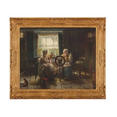 'Filare la lana', dipinto a olio fiammingo del XIX secolo raffigurante due donne