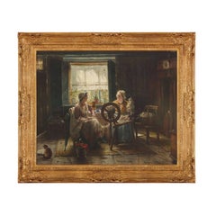 « Spinning the Wool », peinture à l'huile flamande du 19e siècle représentant deux dames