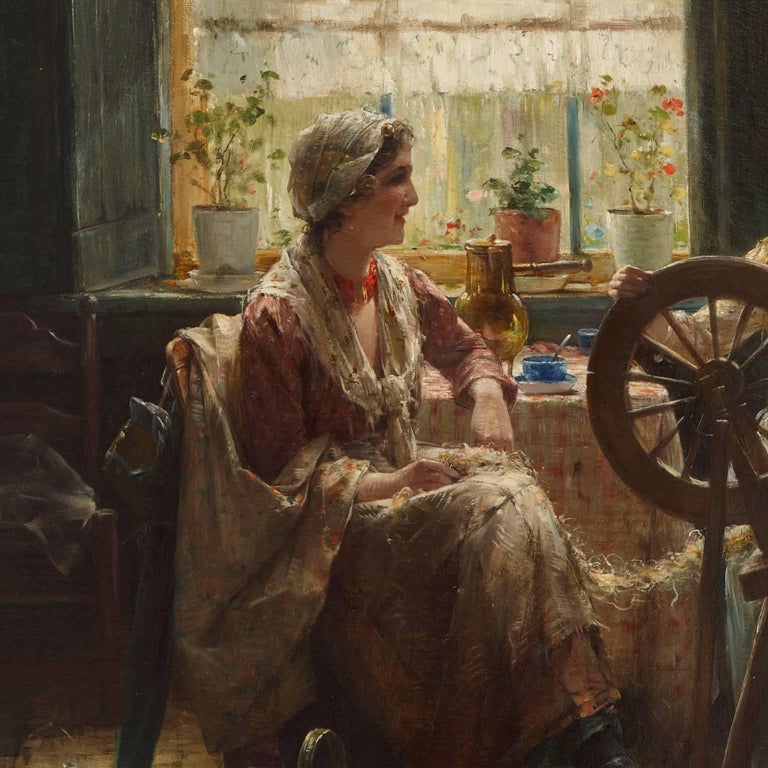 Edward Antoon Portielje - 'Spinning the Wool', 19th Century Flemish oil ...