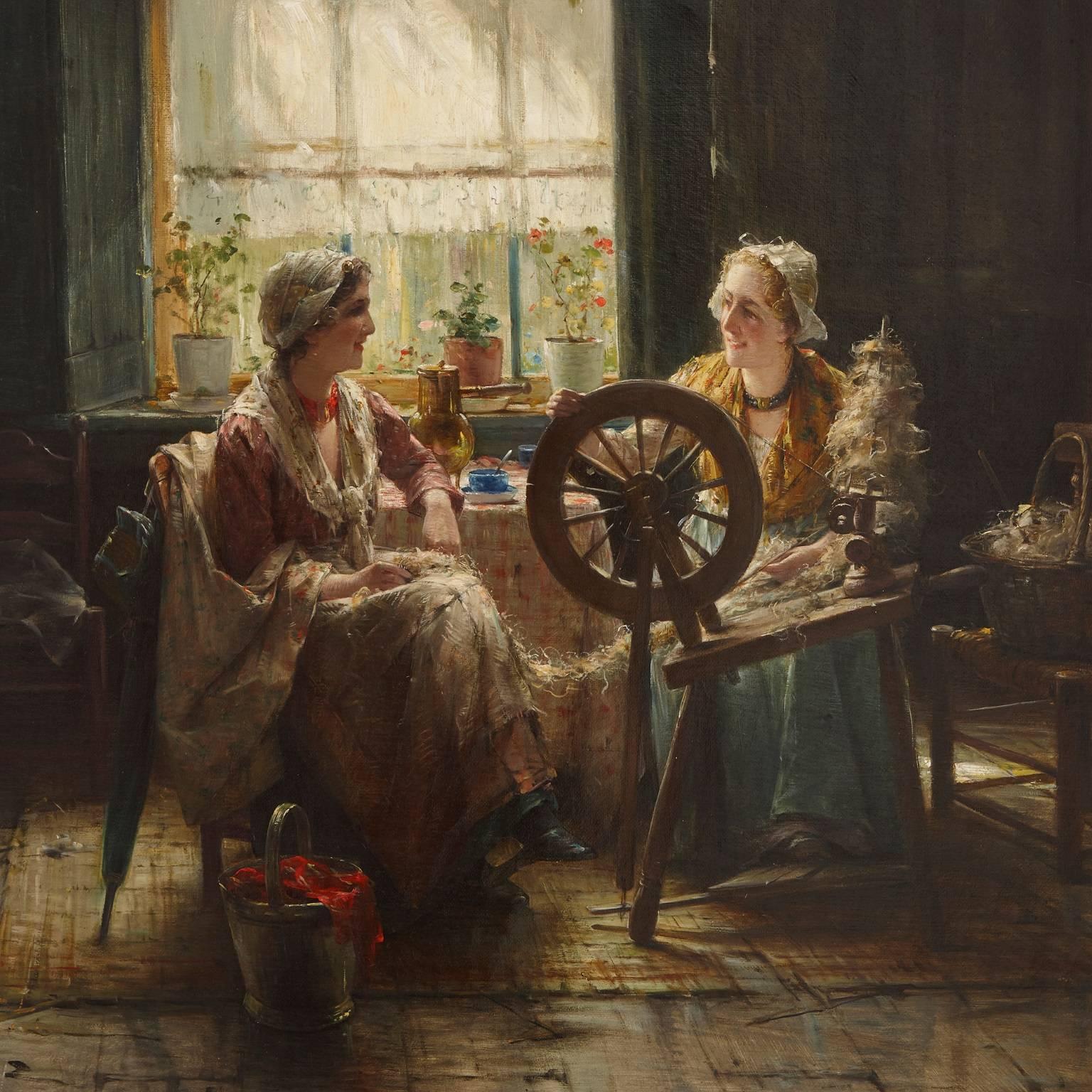 'Spinning the Wool', 19th Century Flemish oil painting of two ladies - Painting by Edward Antoon Portielje