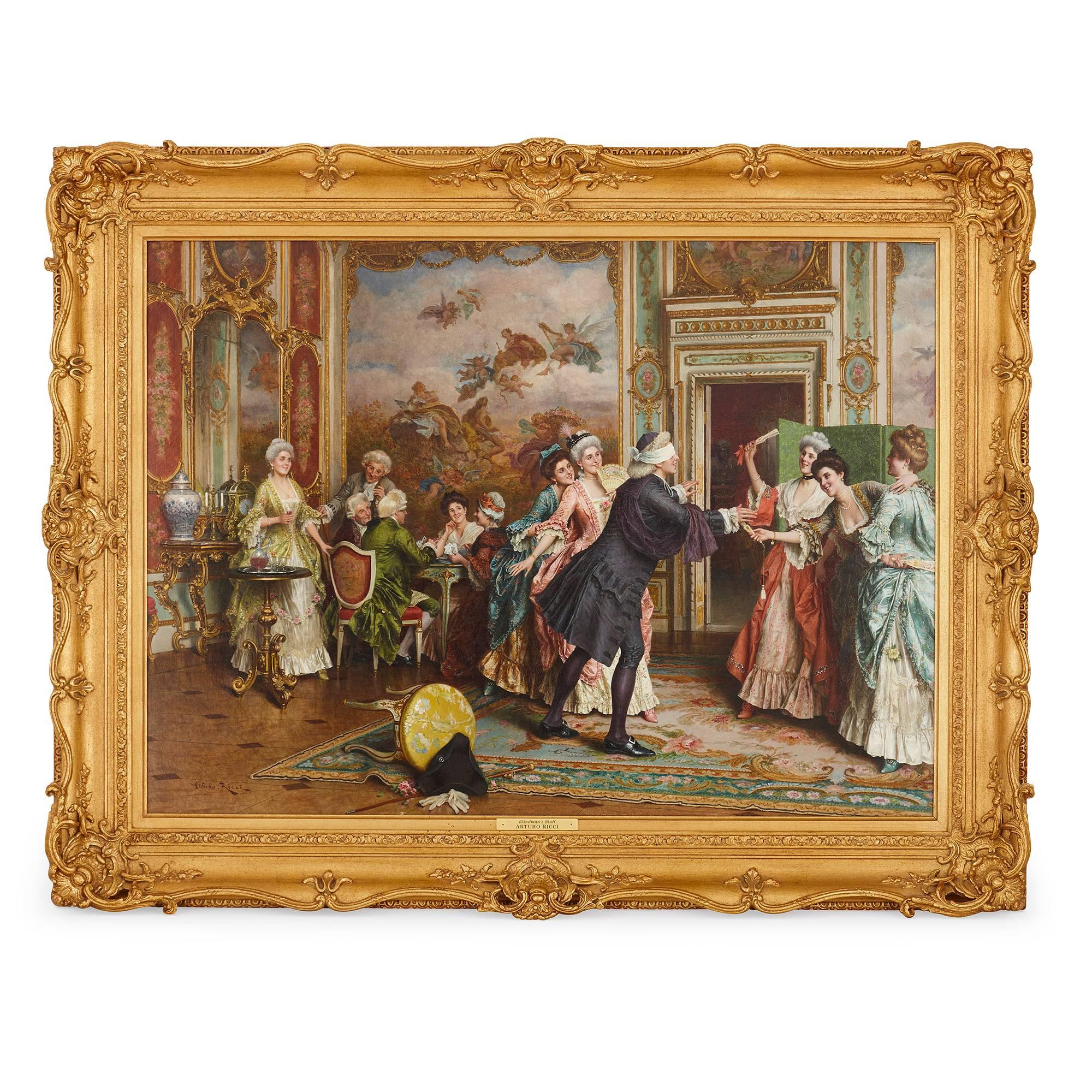 Arturo Ricci Interior Painting - 19th Century oil on canvas in a carved golden giltwood frame, 'Blindman's Bluff'