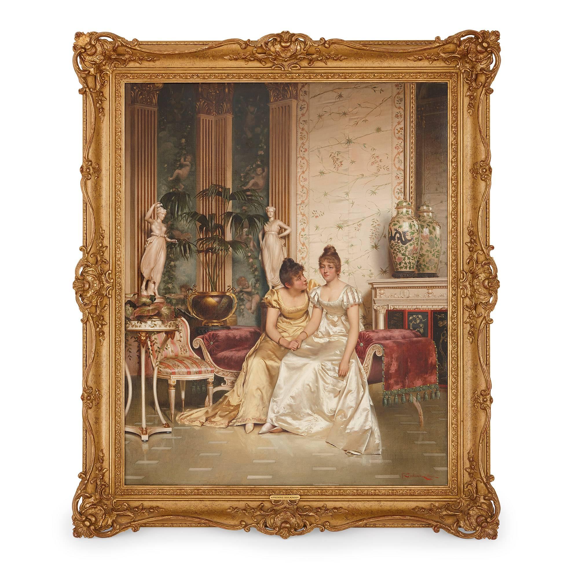 Frédéric Soulacroix Interior Painting - 'A Shared Confidence', 19th Century oil painting in a carved giltwood frame