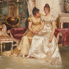 'A Shared Confidence', 19th Century oil painting in a carved giltwood frame