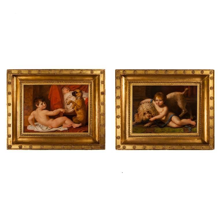 These pair of oil on panel paintings show contemporary figures in Classical poses, which the French painter Antoine Dubost was particularly well-known for. The first painting, on the left, potrays a nude child and a sleeping baby lying with a dog