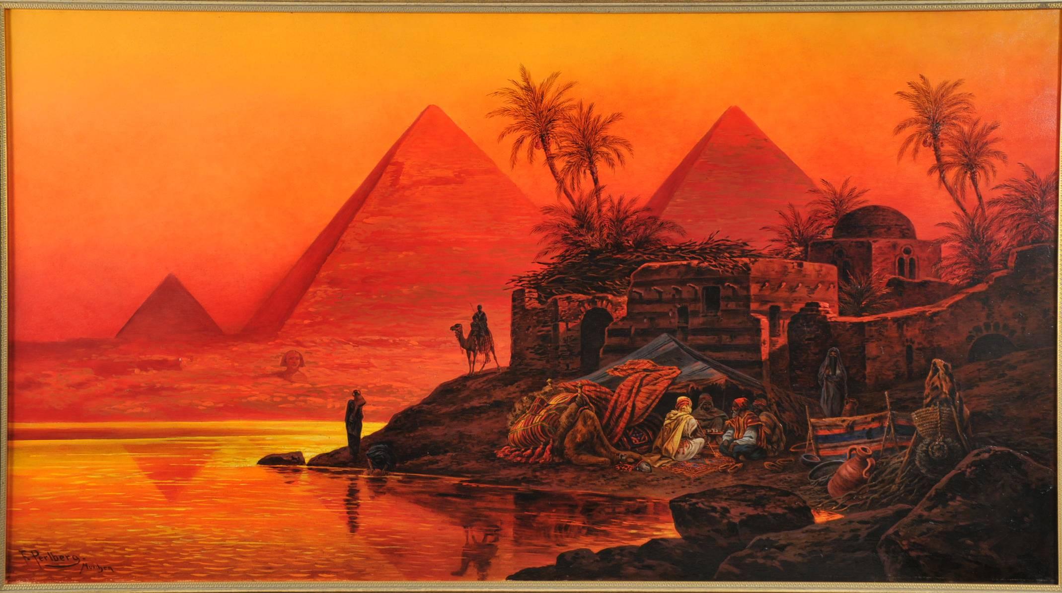 Pyramids and Bedouin camp in the sunset at Giza – Painting von Friedrich Perlberg