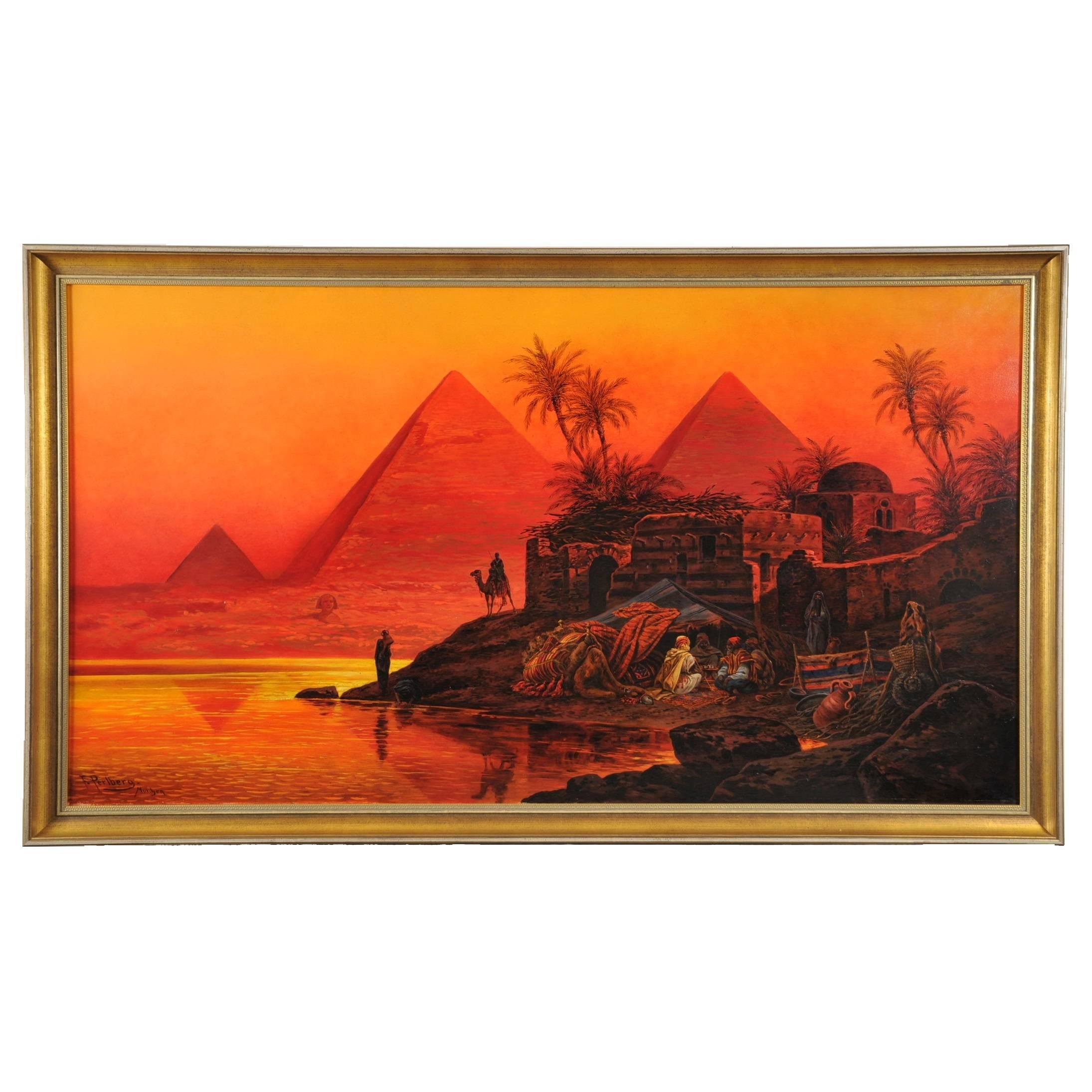 Friedrich Perlberg Landscape Painting – Pyramids and Bedouin camp in the sunset at Giza