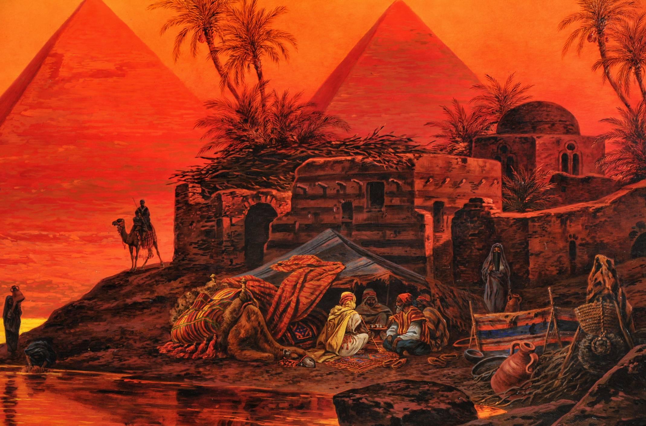 Pyramids and Bedouin camp in the sunset at Giza (Braun), Landscape Painting, von Friedrich Perlberg