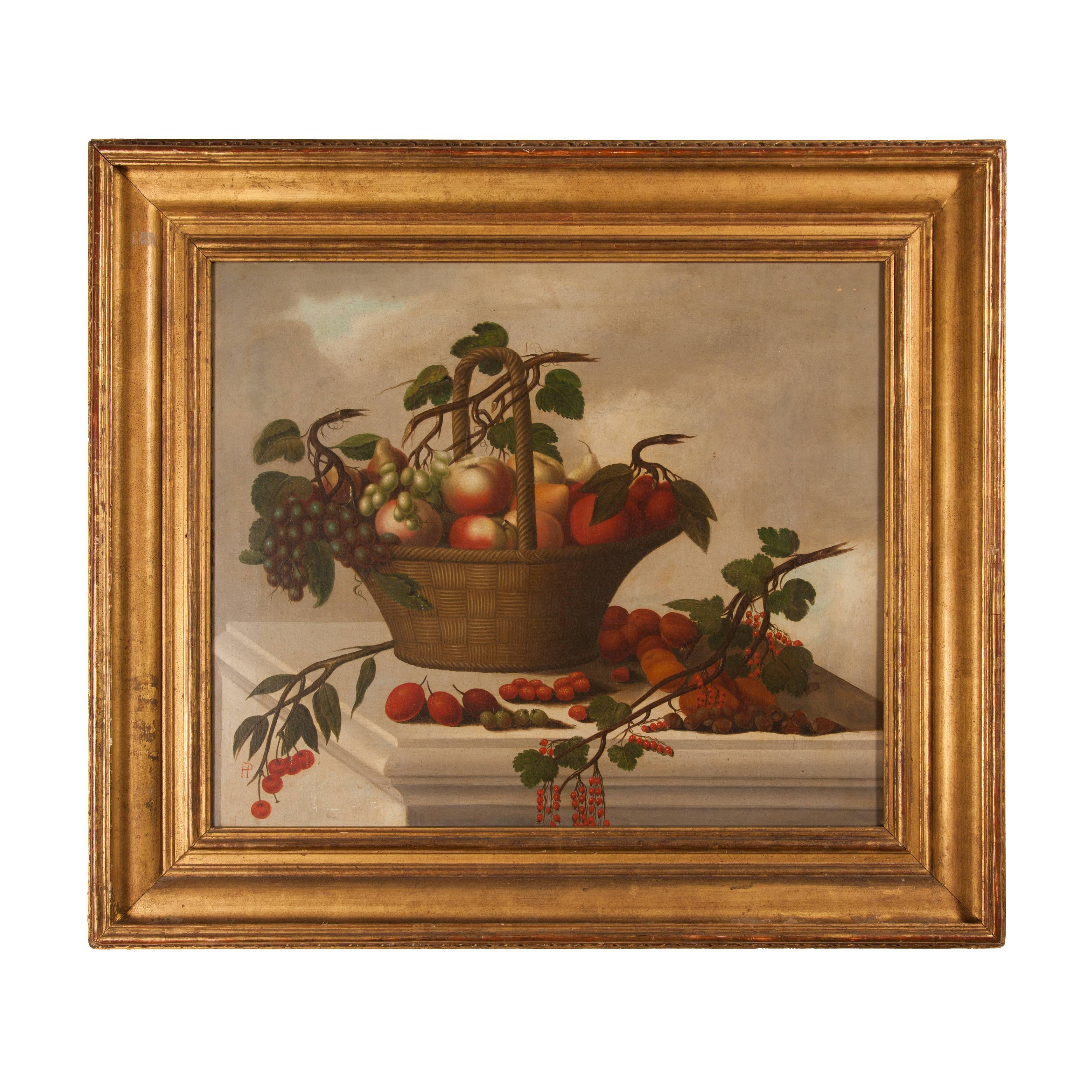 Old Master still life oil on canvas painting of a fruit basket