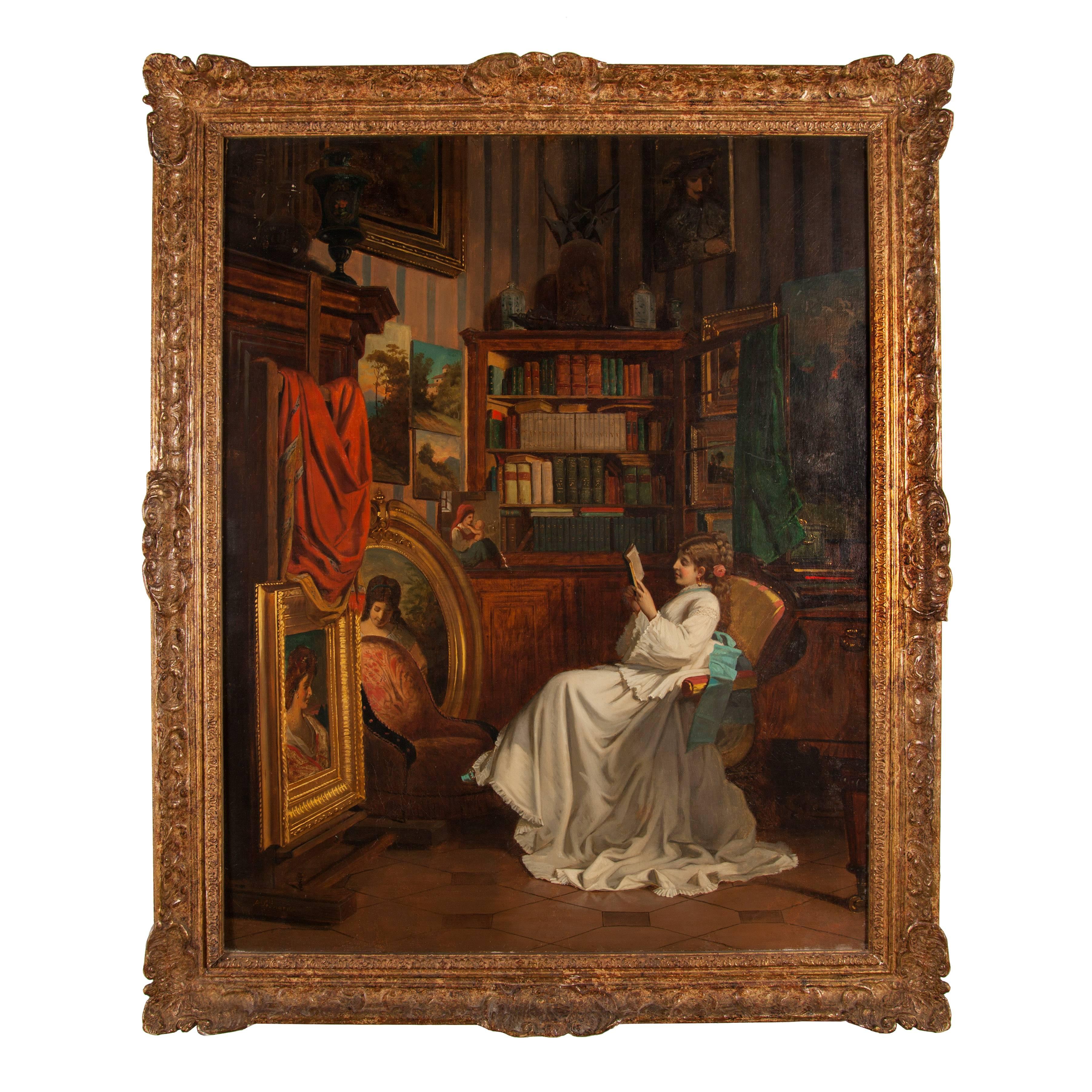 Oil painting showing seated lady in carved giltwood frame by A. Leonardon