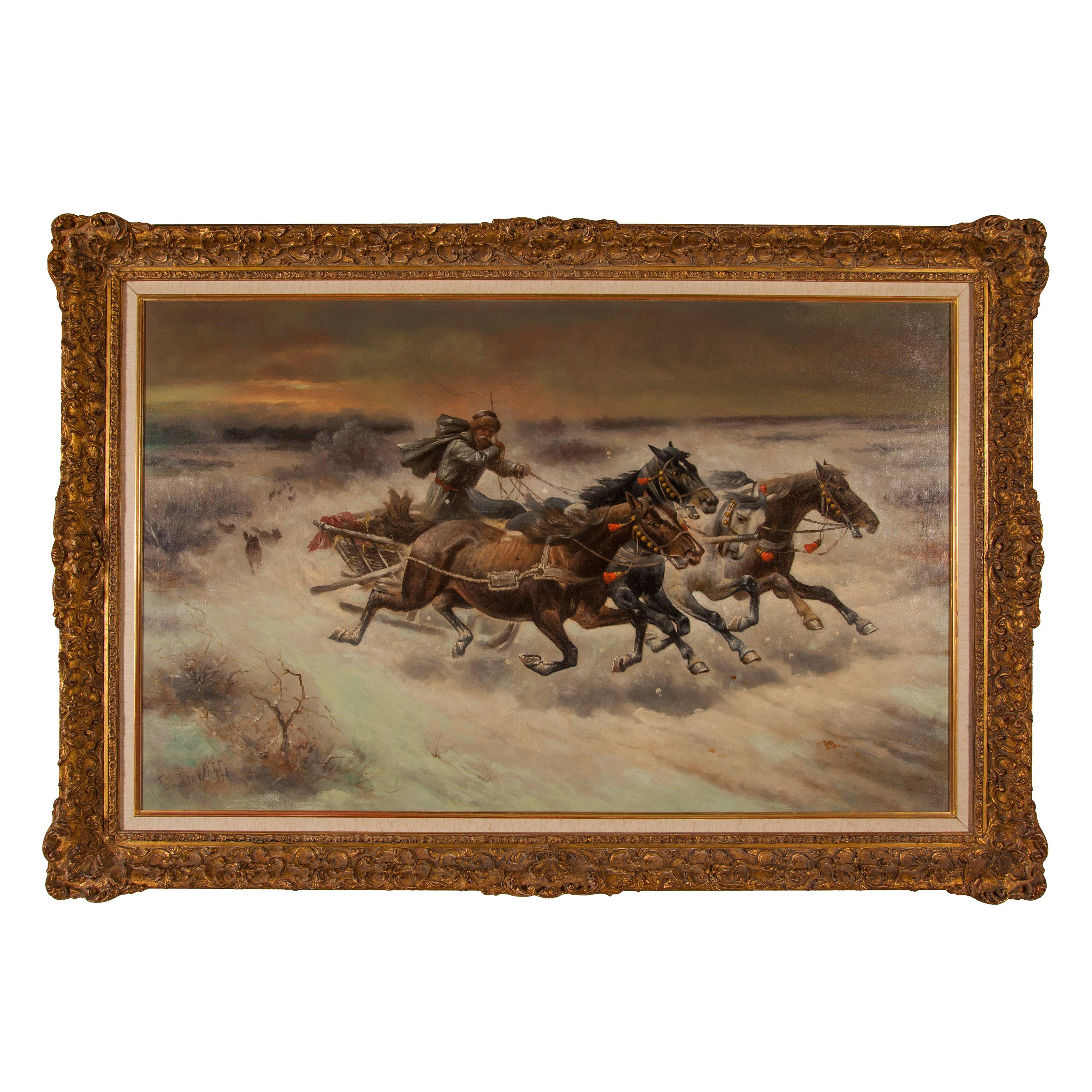 Russian oil painting 'The Chase' signed C. Stoiloff