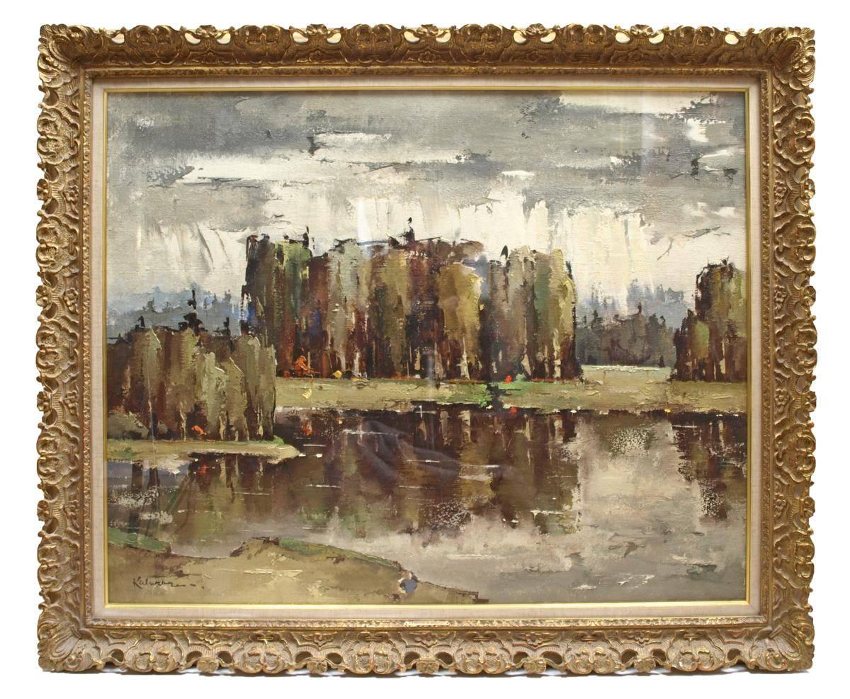 Valdis Kalnrozes Landscape Painting - 20th Century Expressionist oil painting 'An Autumn Lake Scene'