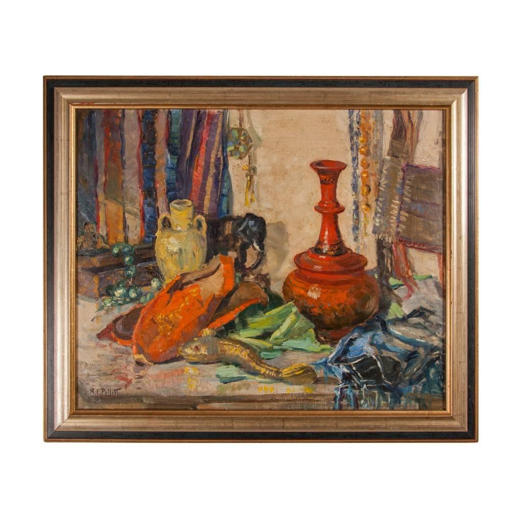 Mary E. Pollitt Still-Life Painting - 20th Century still life oil painting of Oriental objects by M. Pollitt