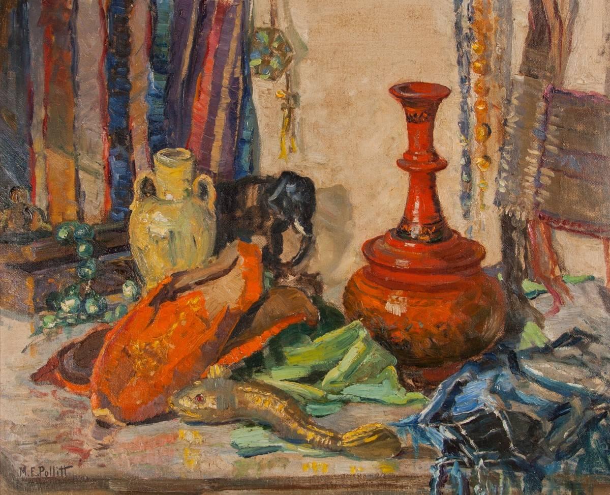 20th Century still life oil painting of Oriental objects by M. Pollitt - Painting by Mary E. Pollitt