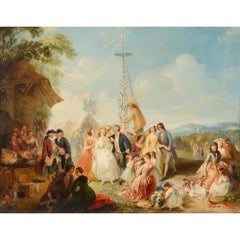 Dipinto a olio raffigurante una festa del palo di maggio in un villaggio, opera di Thomas Clater