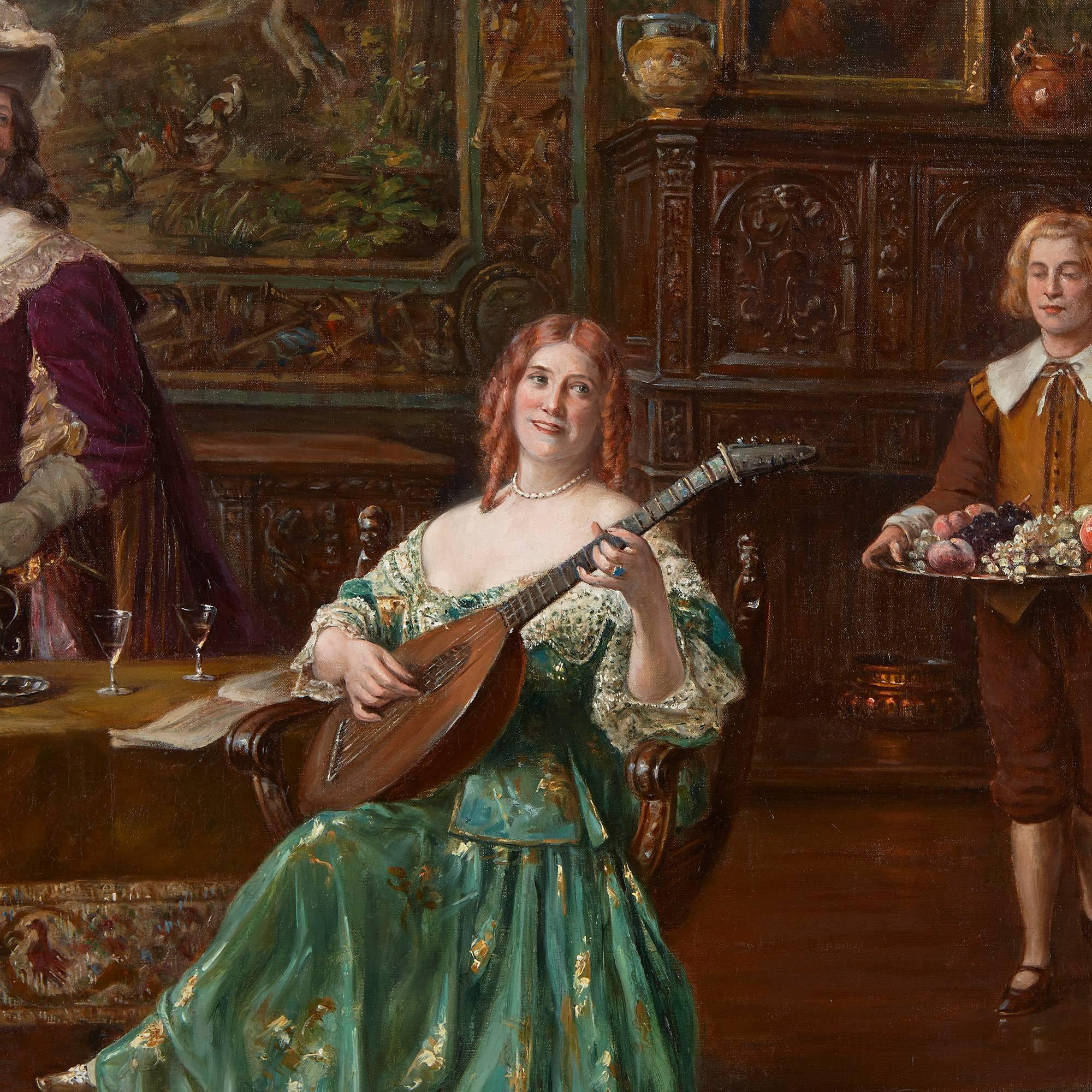 'The Music Lesson', 19th Century oil painting of an interior with figures - Painting by Albert Bauré