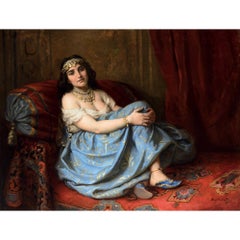Grande peinture à l'huile orientaliste du 19ème siècle représentant une Odalisque assise dans un intérieur