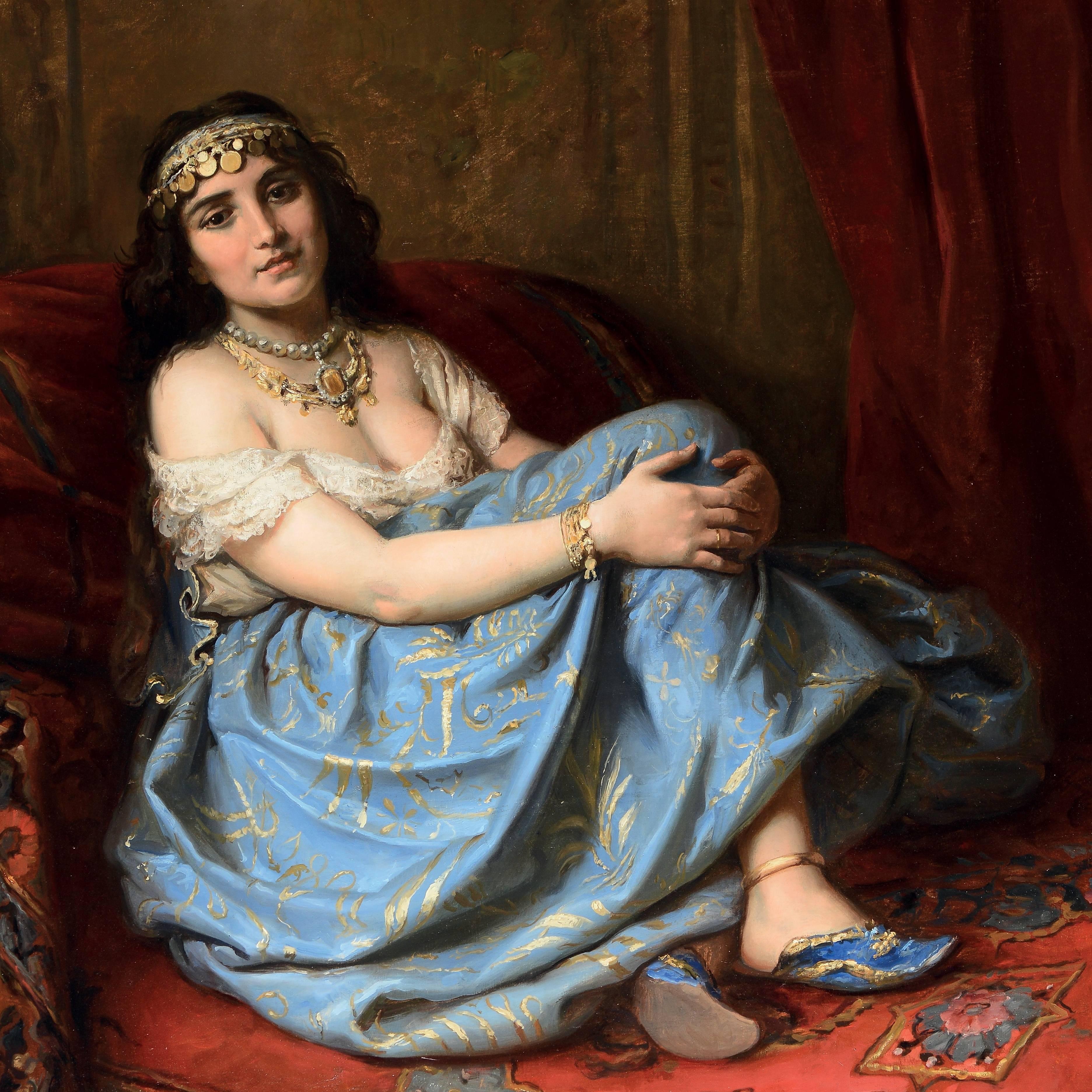 Large 19th Century Orientalist oil painting of a seated Odalisque in an interior - Painting by Jean-Joseph Benjamin-Constant