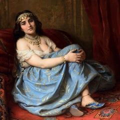 Large 19th Century Orientalist oil painting of a seated Odalisque in an interior
