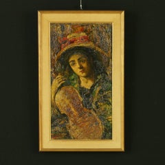 Antique "Lady with Violin" Oil on Canvas by Ermenegildo Agazzi Italy 1920