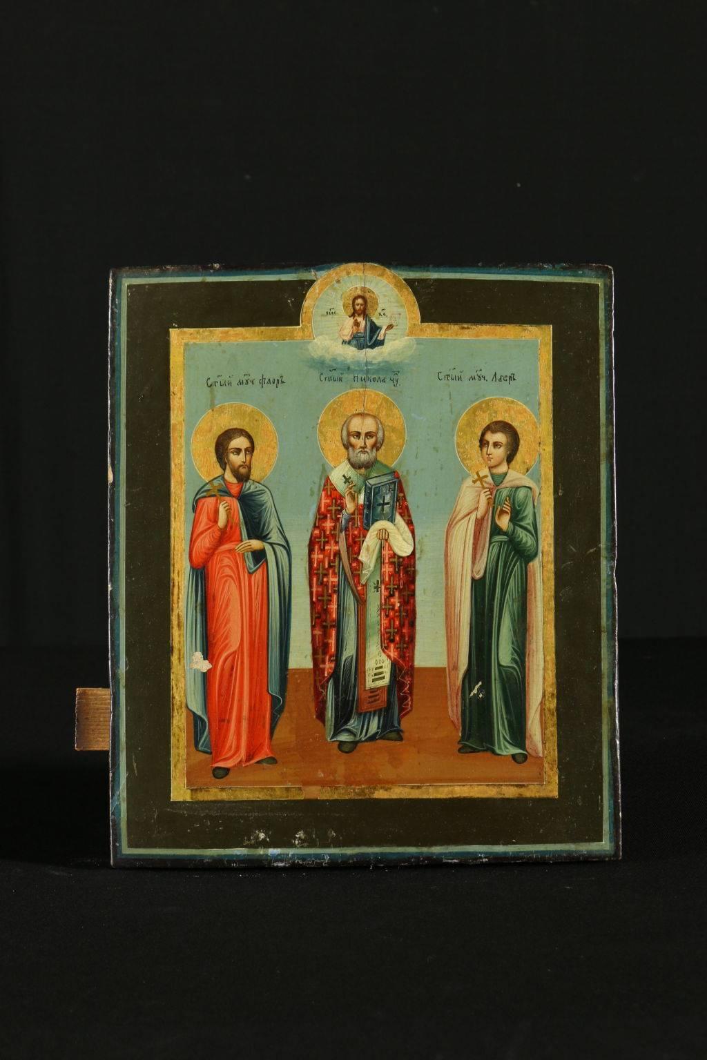 Russian Icon Tempera on Board Three Saints 19th Century - Art by Unknown