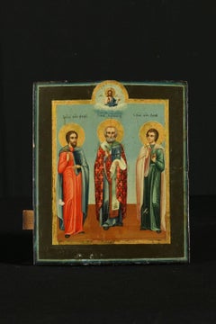 Russian Icon Tempera on Board Three Saints 19th Century