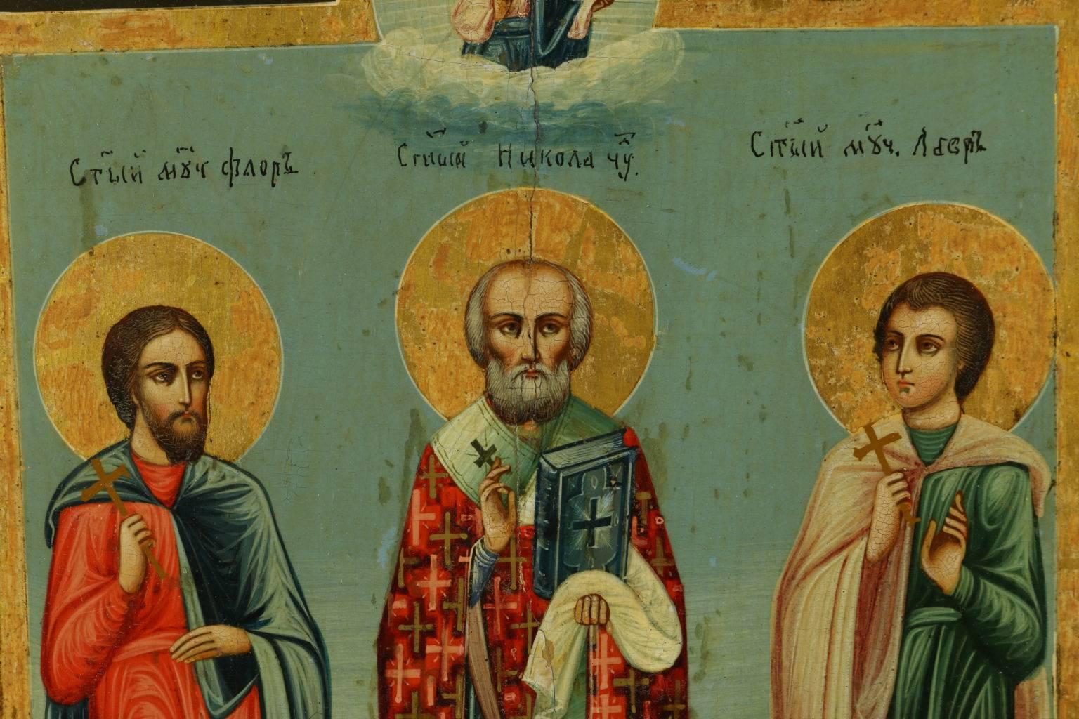 Russian Icon Tempera on Board Three Saints 19th Century 2