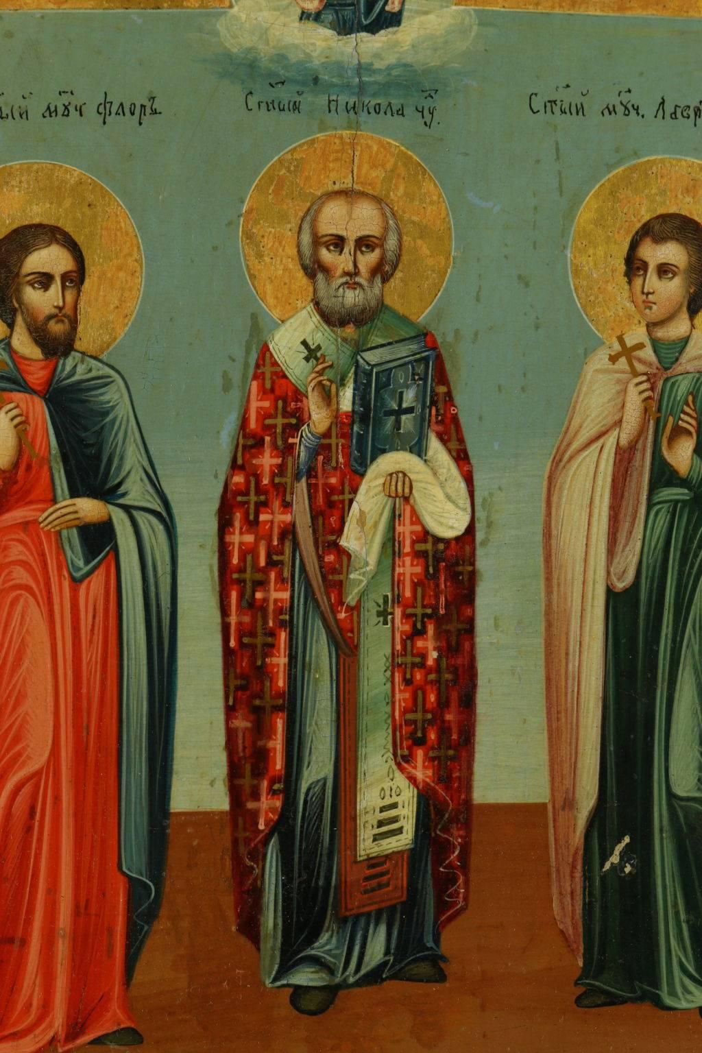 Russian icon, tempera on board, depicting three Saints. 19th Century. 