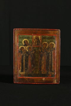 Russian Icon Tempera on Board Saints in Reverence of the Virgin 18th Century