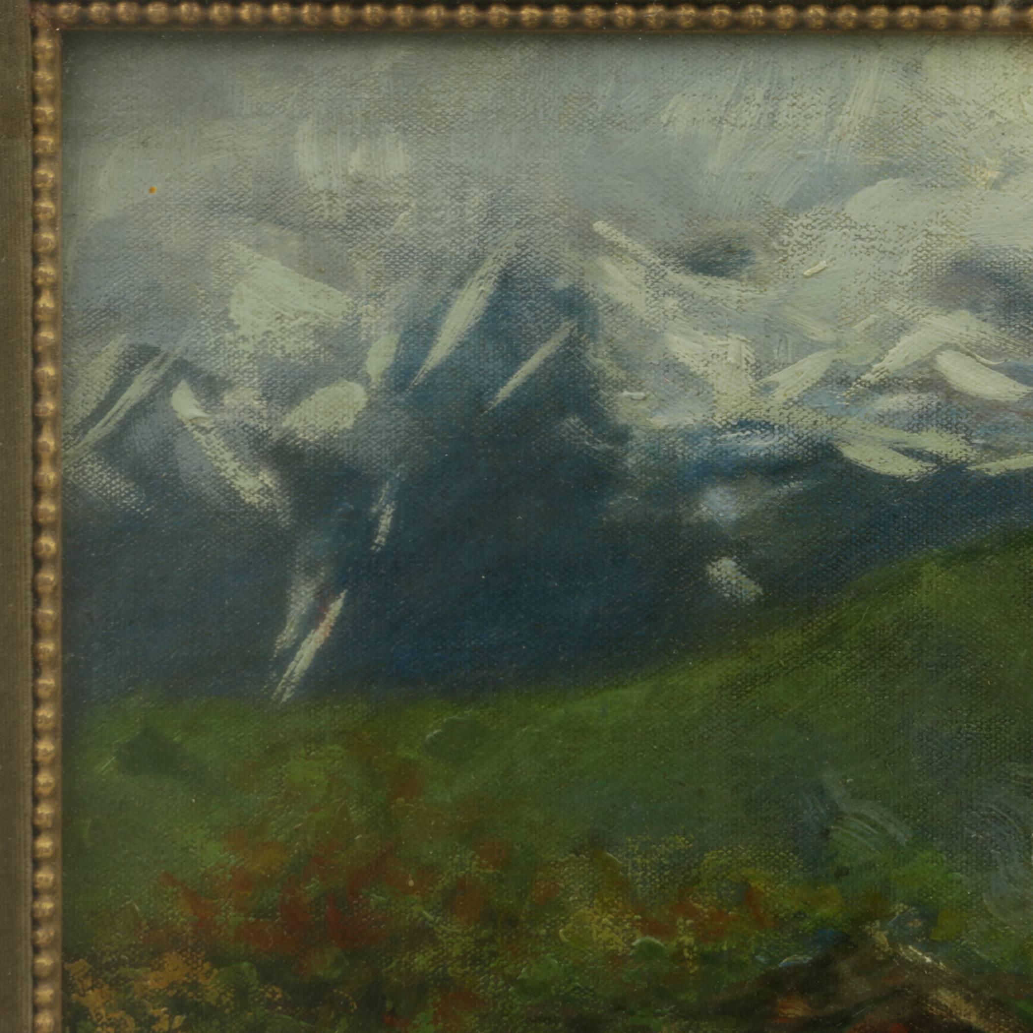 Oil on cardboard. Signed on the at the bottom on the right. The painting, depicting country houses seen from above, with snowy mountains and clouds in the background, belongs to the typical and exclusive landscape production of the important author