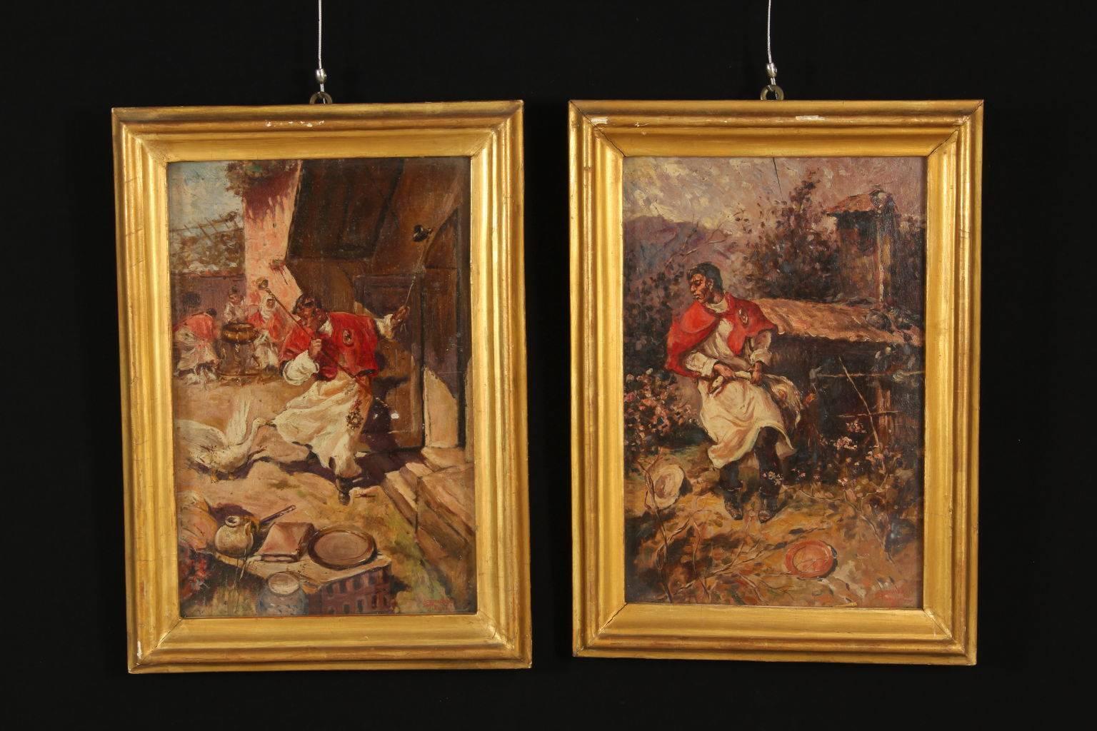 A pair of paintings by Riccardo Pellegrini, oil on board. 'The offense and the punishment'. Signed on the right bottom corner. In the first painting a goose attacks a cleric who, in the second painting, punishes the animal. This subject was repeated