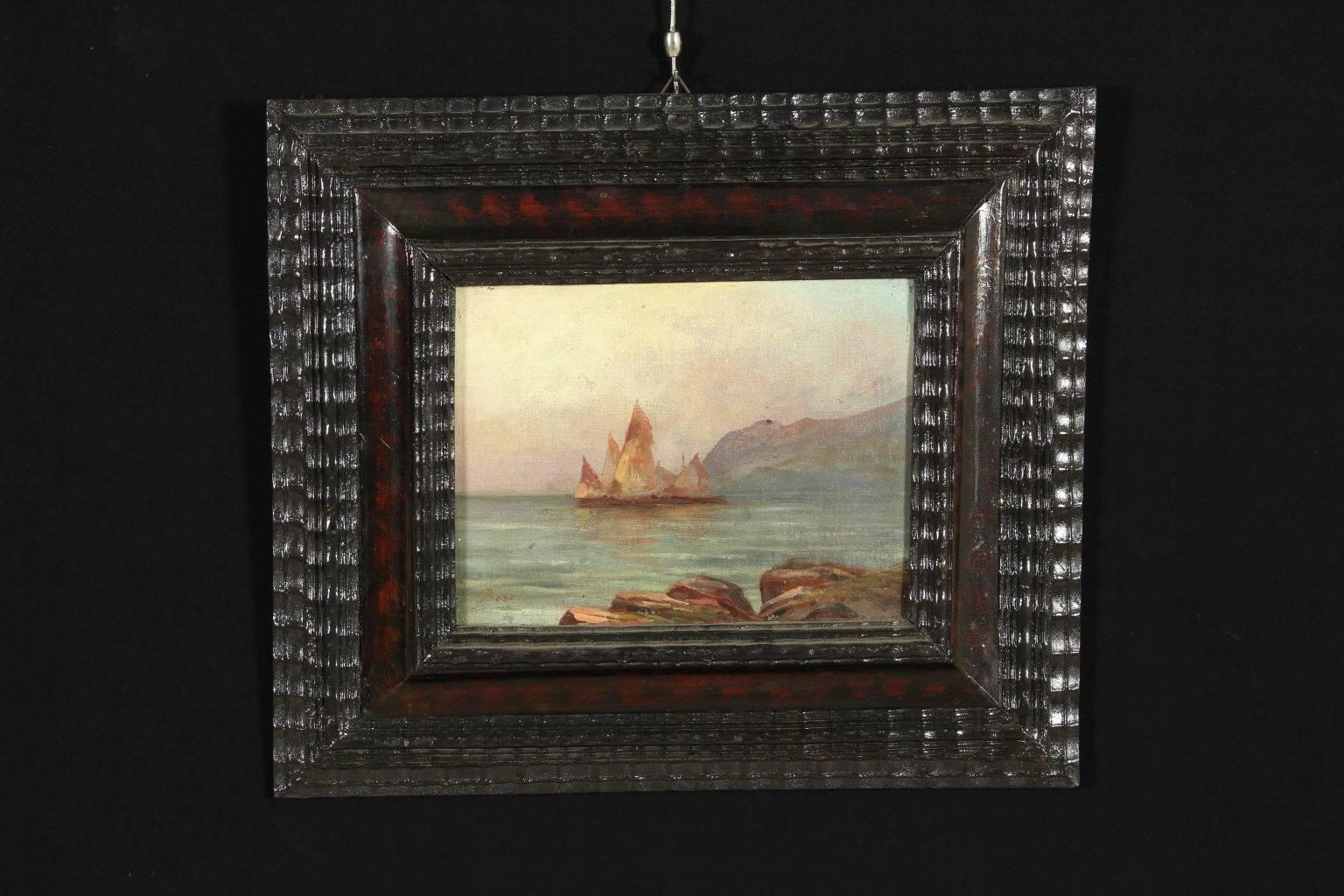 Oil painting on cardboard canvas, sea landscape, signed in the right bottom corner. Delicate play of lights between sky and sea, though the small format. It fully expresses the search for painter-nature relationship, characterizing all Bartolomeo