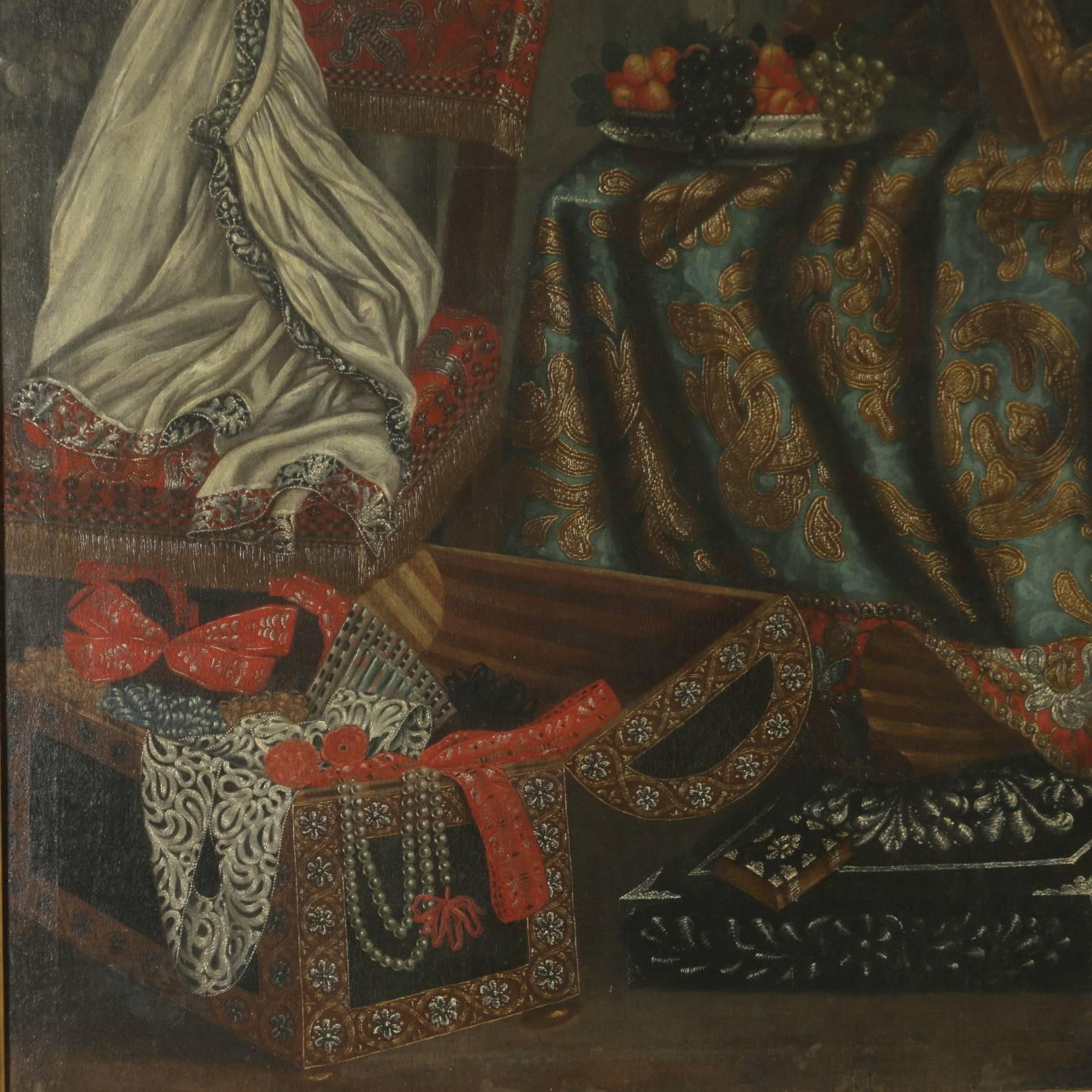 Still Life with carpets, jewels, fruit and a mirror - Black Still-Life Painting by Unknown