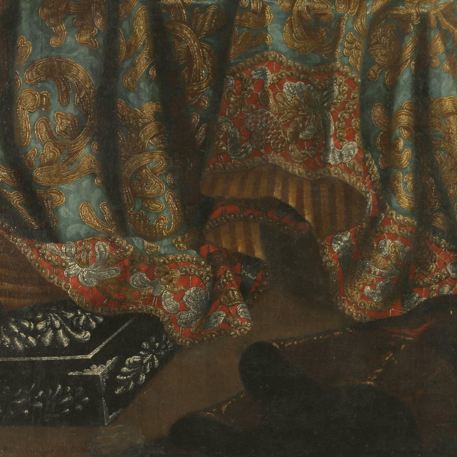 Still Life with carpets, jewels, fruit and a mirror 1