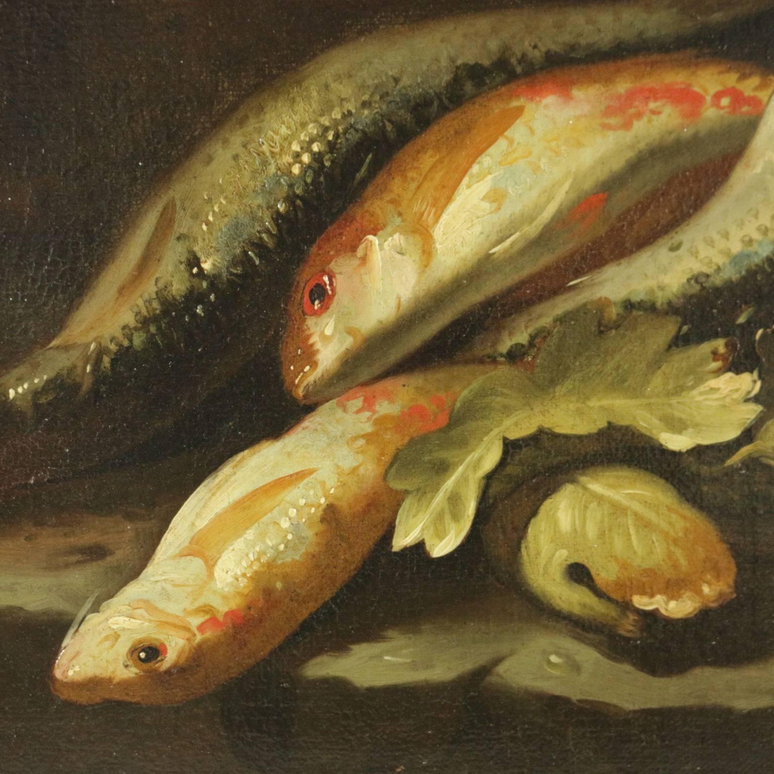 Still Life with fishes, bowl, basket and shell - Brown Still-Life Painting by Unknown