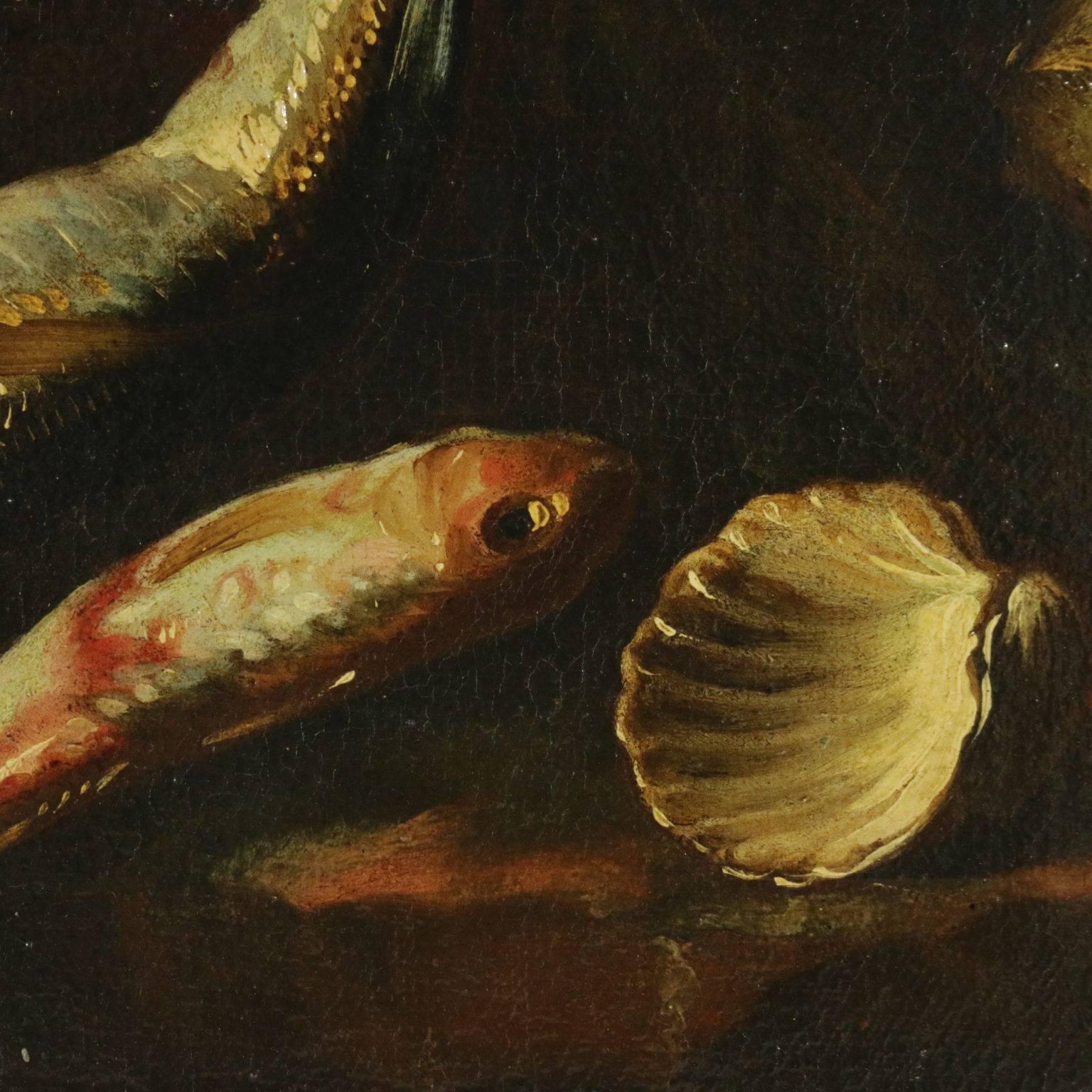 Still life with fishes and shell - Brown Still-Life Painting by Unknown