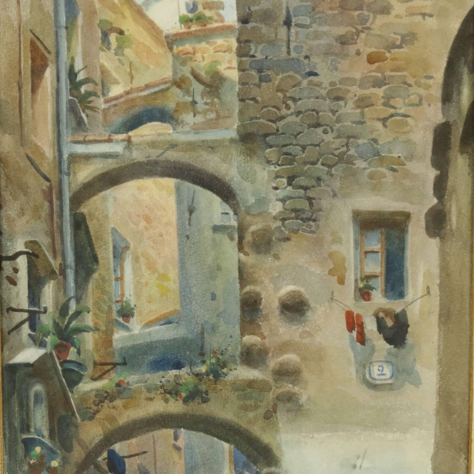 A pair of watercolors on paper depicting Sanremo alleys and painted by Michele Allavena (1863-1949). Both signed in the lower right corner. Presented in coeval frame. 20th century. 