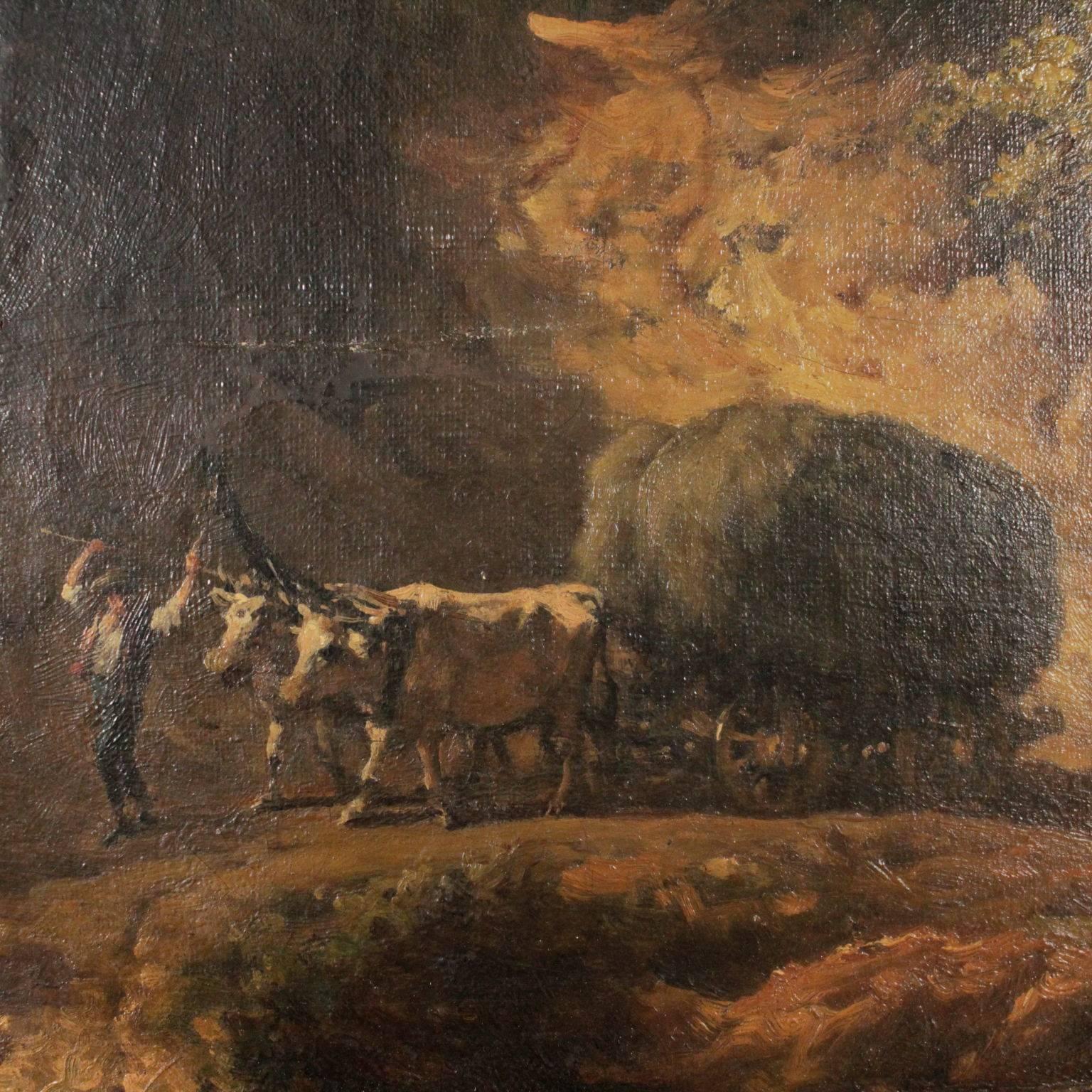 Francesco Gonin Landscape with Farmer and Cart Oil on Canvas 1880 3