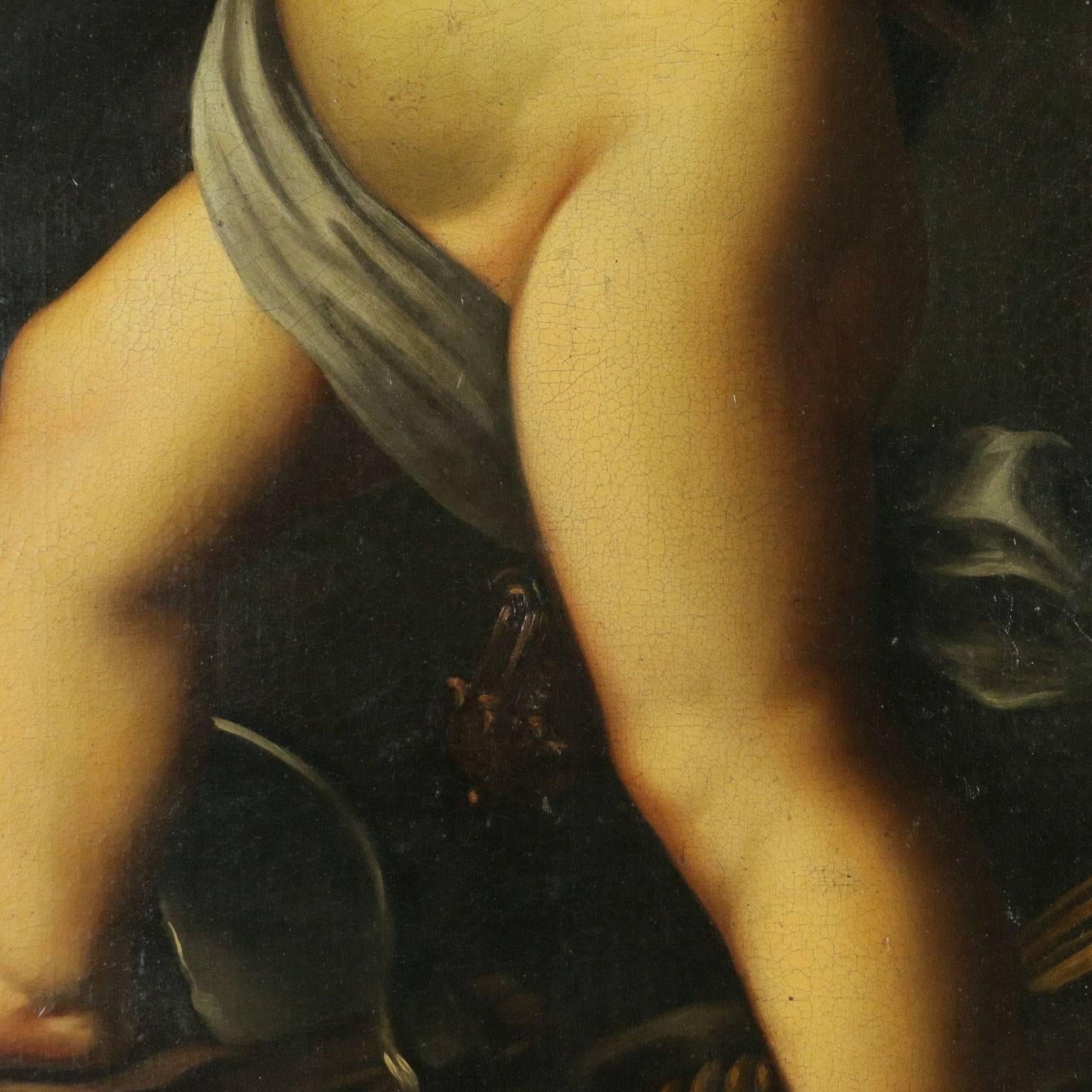 'Cupid shooting an arrow', oil on canvas. First canvas, restored and reinforced canvas in the contact point with the structure. The painting, probably made in a workshop, is a derivation of the identical one made by Franceschini, exhibited in the