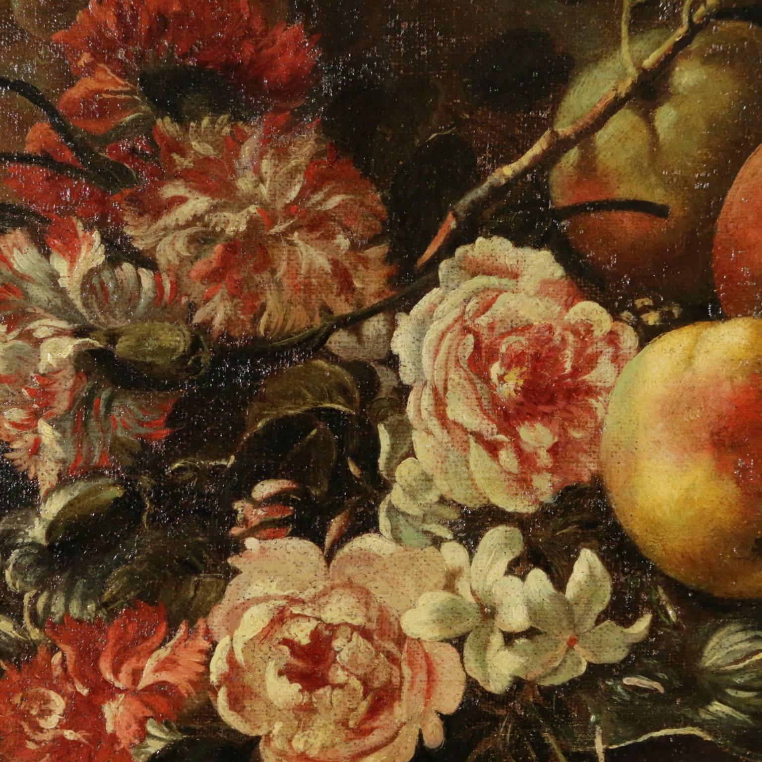 Still Life with Flowers and Fruit Oil on Canvas Italian School 18th Century - Brown Still-Life Painting by Unknown