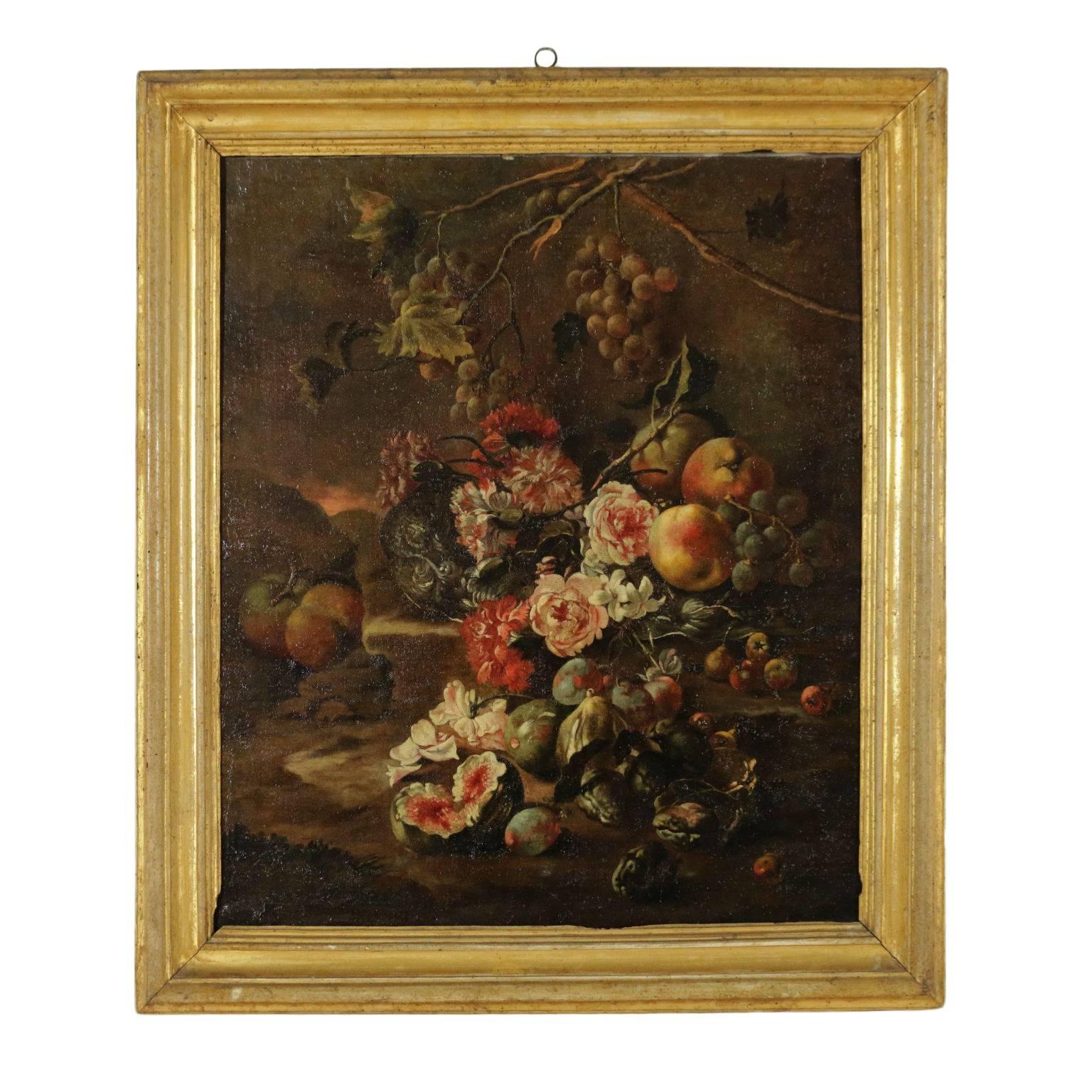 Unknown Still-Life Painting - Still Life with Flowers and Fruit Oil on Canvas Italian School 18th Century