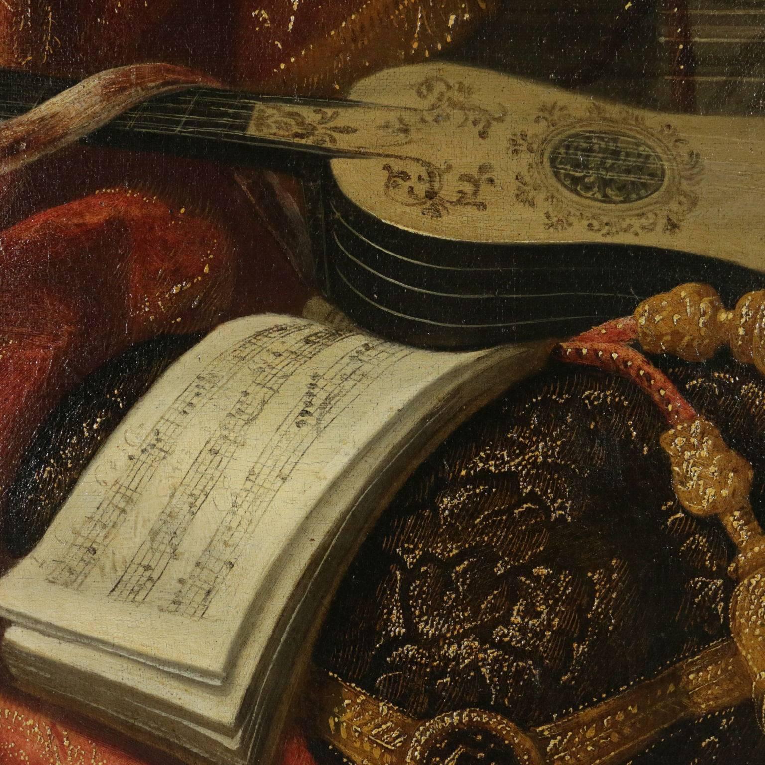 Still Life with Carpet Fabrics Clock and Musical Instruments Francesco Fieravino 4