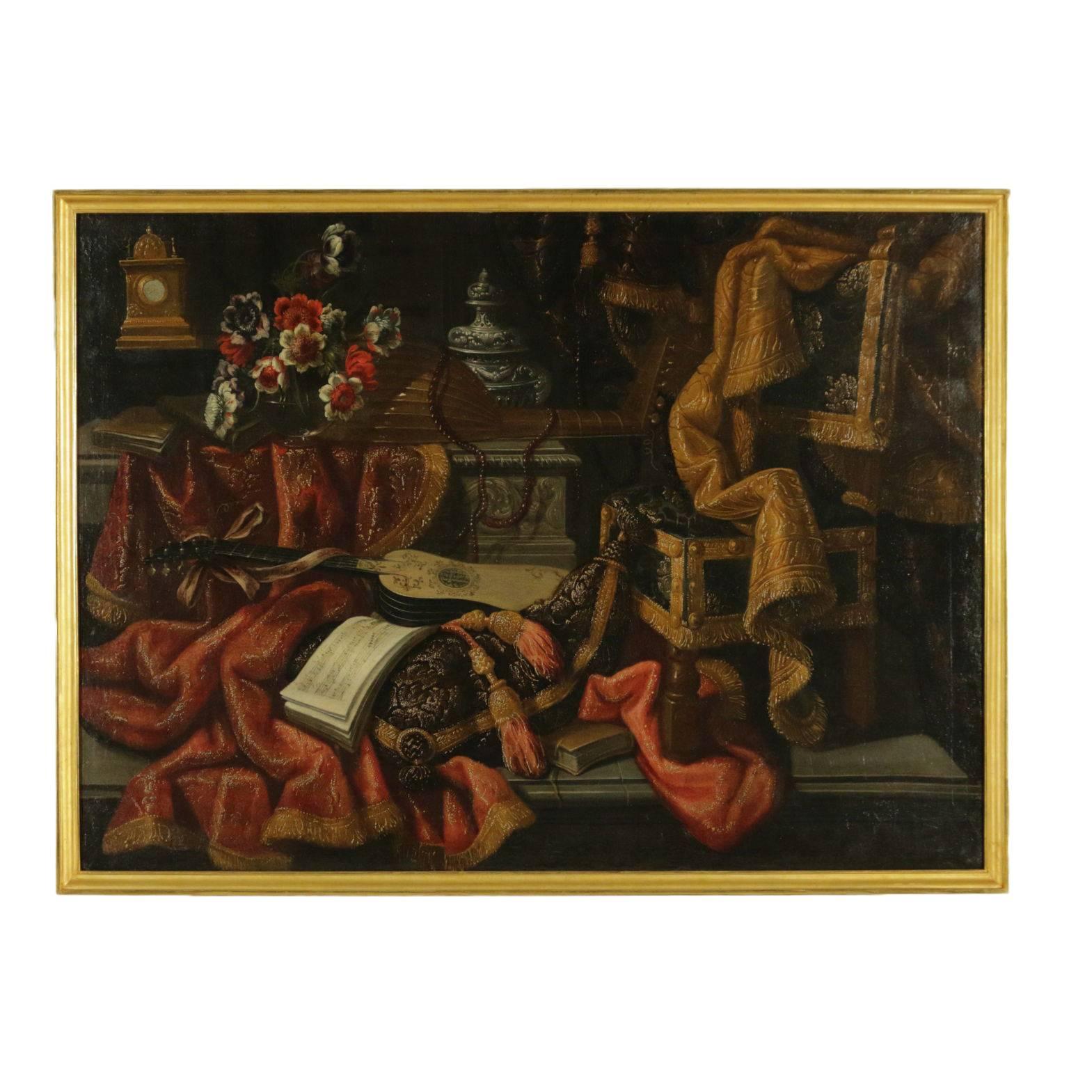 Oil on canvas. Full of different elements arranged in a genteel environment. It recalls Francesco Fieravino's popular works, the so called 'The Maltese' (Malta, 1611 - Rome, 4th December 1654), who worked in Rome emerging as a painter of still lives