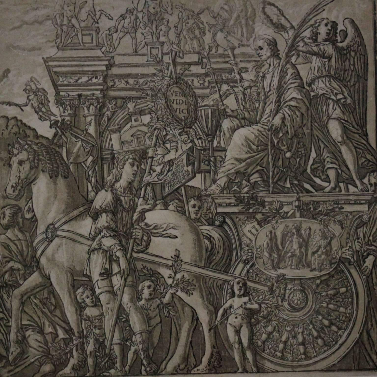 Among the most important prints of the 16th century, this iconic chiaroscuro woodcut cycle by Andrea Andreani (1541/46-1623) after Mantegna celebrates a parade in honor of Caesar's military triumphs.  Nine of twelve original plates, lacking title